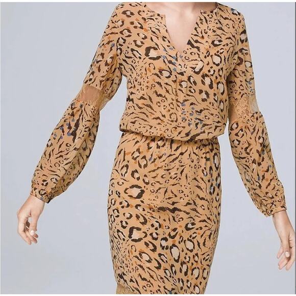 White House Black Market Dresses & Skirts - White House Black Market Long Sleeve Beige Animal Print Blouson Dress